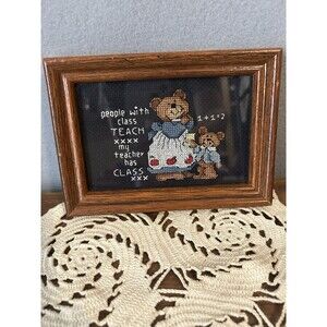 VTG Framed Cross Stitch Bears Teacher School Country Cottagecore Academia